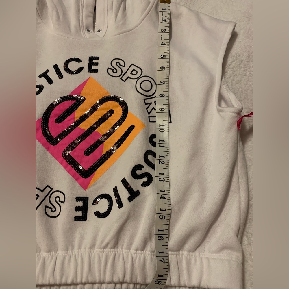 Girls size L 12-14 white cut off sleeve hoodie. Sweatshirt sporty bright graphic - Picture 3 of 12
